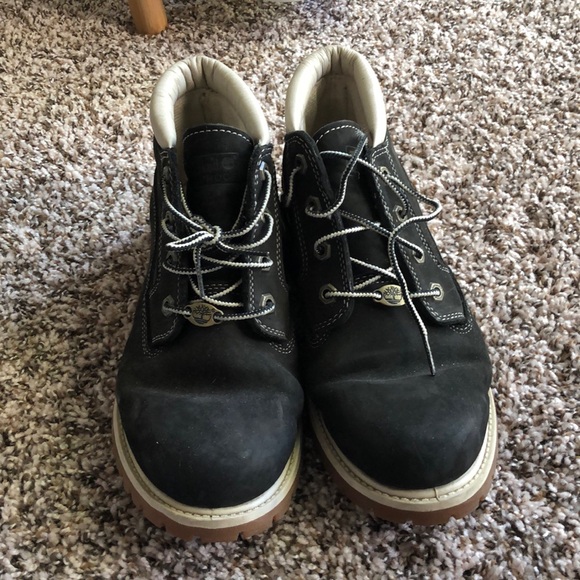 Timberland Black Leather Ankle Boots w/ White Trim - Picture 2 of 5